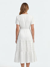 Split Neck Short Sleeve Smocked Tiered Midi Dress 21
