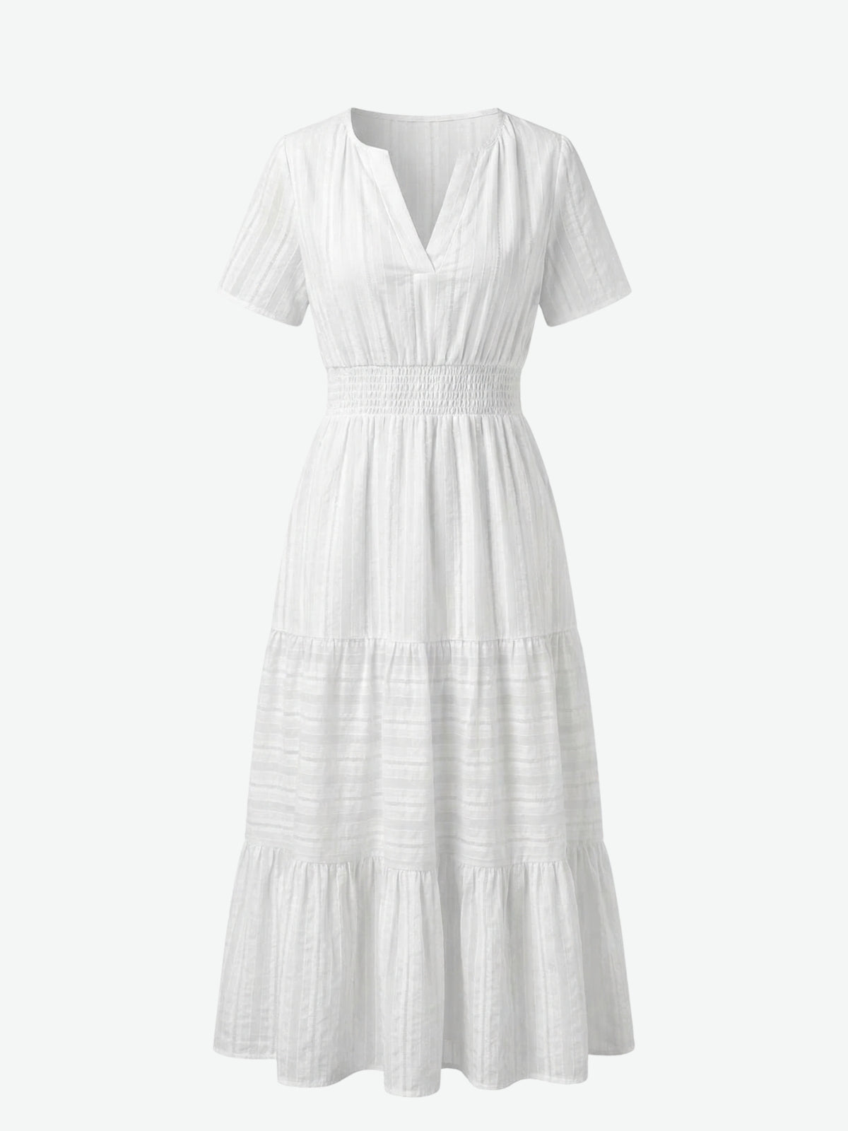 Split Neck Short Sleeve Smocked Tiered Midi Dress 22