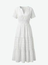 Split Neck Short Sleeve Smocked Tiered Midi Dress 22