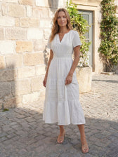 Split Neck Short Sleeve Smocked Tiered Midi Dress 23