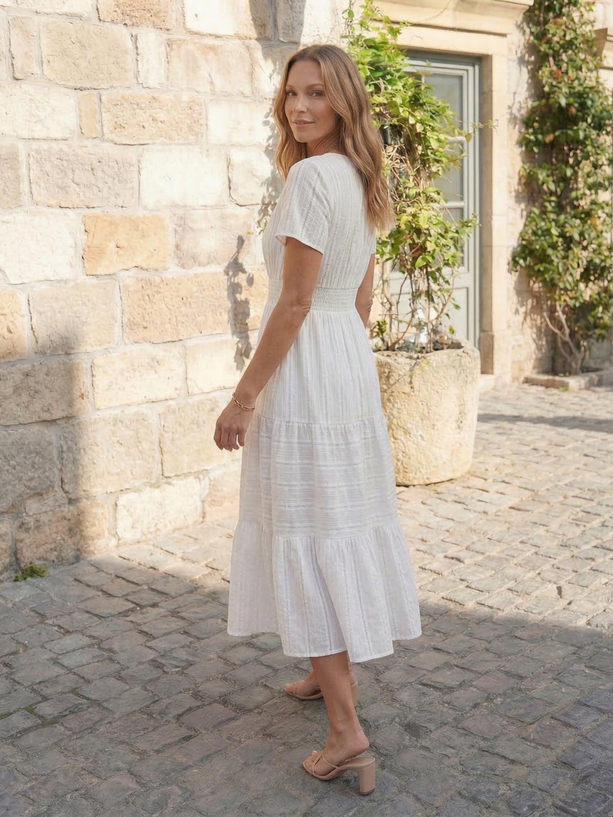Split Neck Short Sleeve Smocked Tiered Midi Dress 24