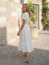 Split Neck Short Sleeve Smocked Tiered Midi Dress 24