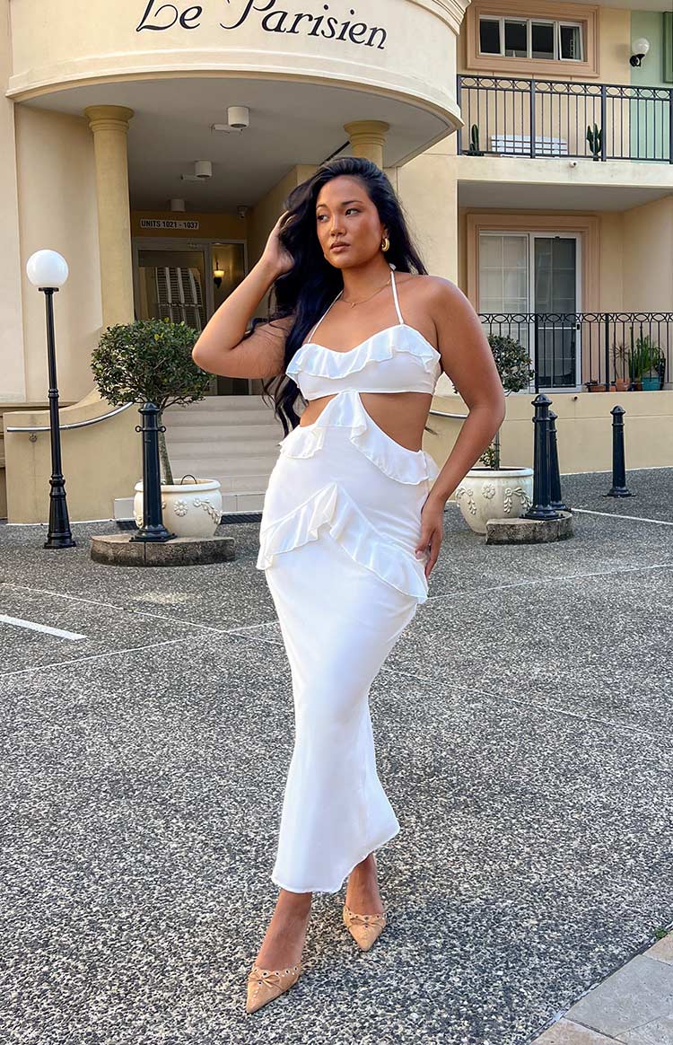 Halter Neck Ruffle Trim Cut Out Waist Column Maxi Dress 8
