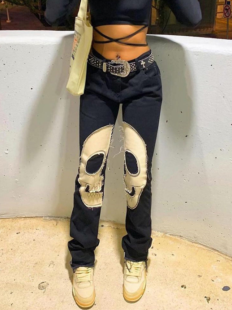 Gothic Skeleton Print Y2K Black Jeans