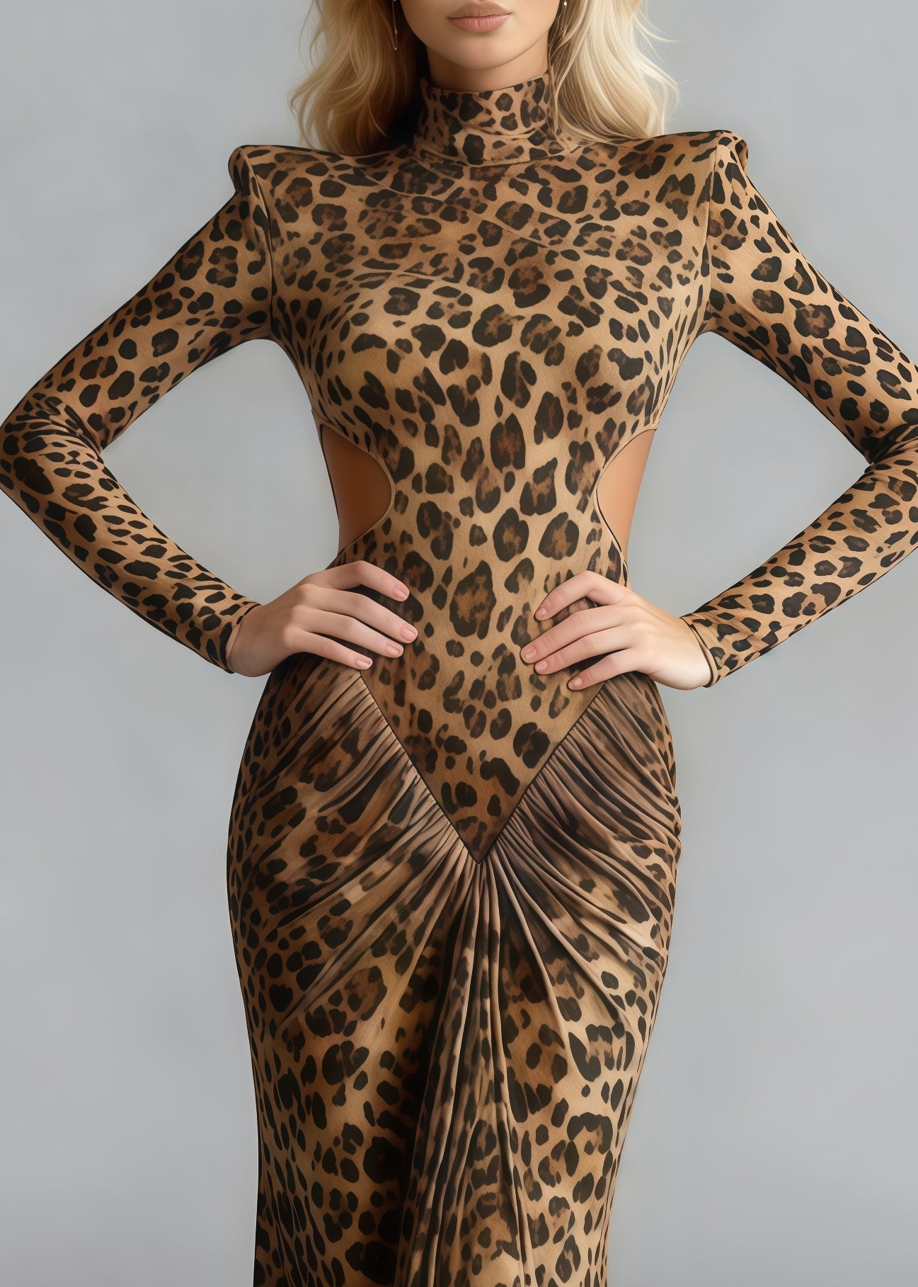 Leopard Print Mock Neck Long Sleeve Cut Out Ruched Bodycon Maxi Gown