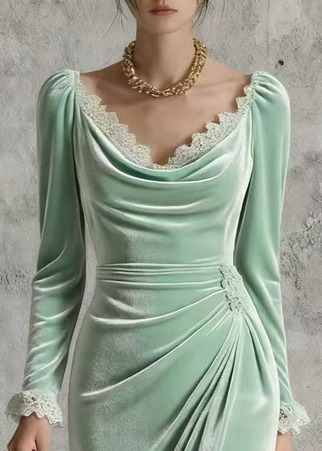 Velvet Sweetheart Neck Long Sleeve Lace Trim Ruched High Low Midi Dress