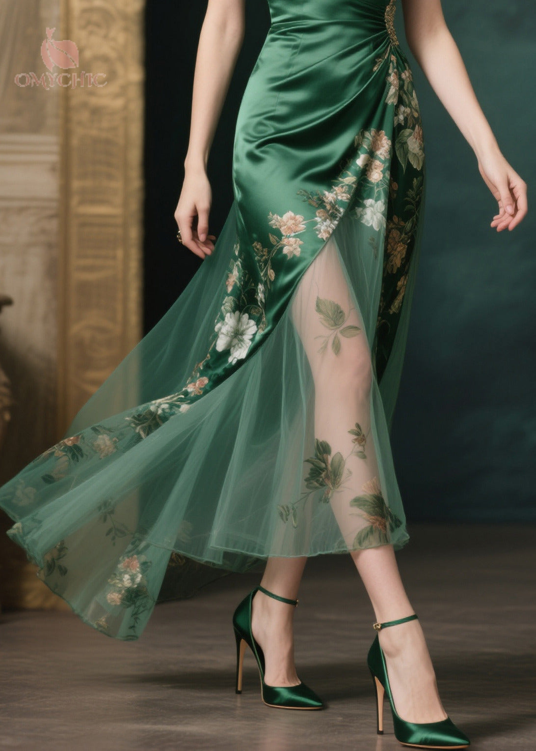 Spaghetti Strap Deep V-Neck Floral Tulle Overlay High Split Maxi Gown