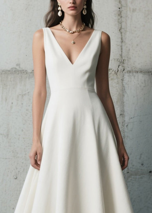 Deep V-Neck Sleeveless Lace Trim Hem Fit and Flare A-Line Maxi Gown