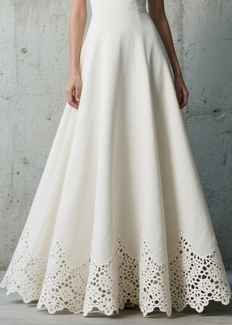Deep V-Neck Sleeveless Lace Trim Hem Fit and Flare A-Line Maxi Gown