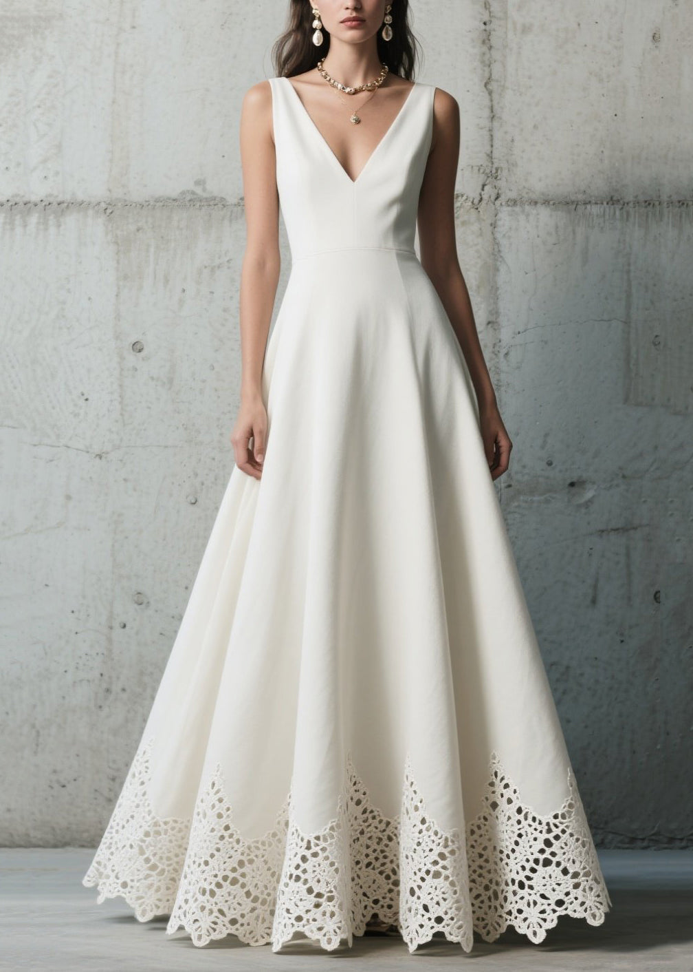 Deep V-Neck Sleeveless Lace Trim Hem Fit and Flare A-Line Maxi Gown