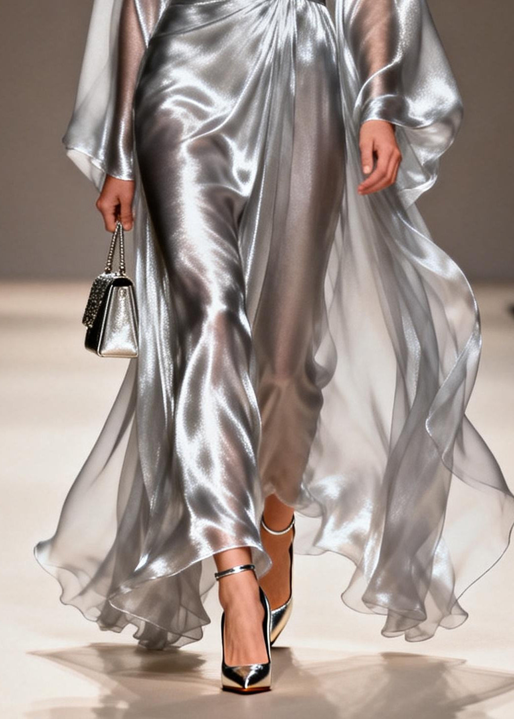 Satin Deep V-Neck Twisted Waist Metallic Cape Sleeve Maxi Gown