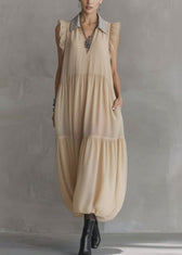 Simple Apricot Peter Pan Collar Wrinkled Solid Chiffon Maxi Dresses Summer