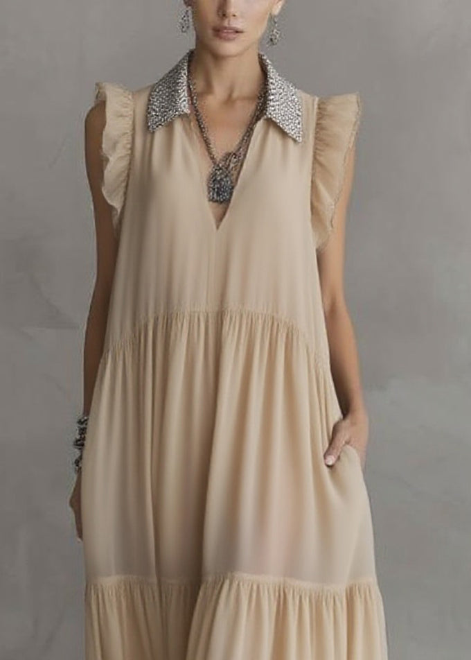 Simple Apricot Peter Pan Collar Wrinkled Solid Chiffon Maxi Dresses Summer 2