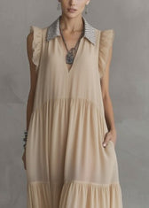 Simple Apricot Peter Pan Collar Wrinkled Solid Chiffon Maxi Dresses Summer 2