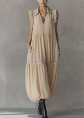 Simple Apricot Peter Pan Collar Wrinkled Solid Chiffon Maxi Dresses Summer 3