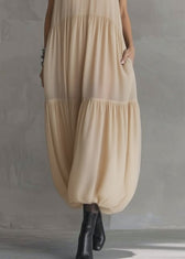 Simple Apricot Peter Pan Collar Wrinkled Solid Chiffon Maxi Dresses Summer 4