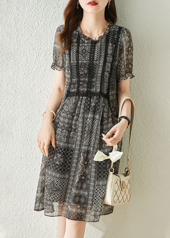 Chiffon Geometric Print Round Neck Puff Sleeve Lace Panel A-Line Midi Dress