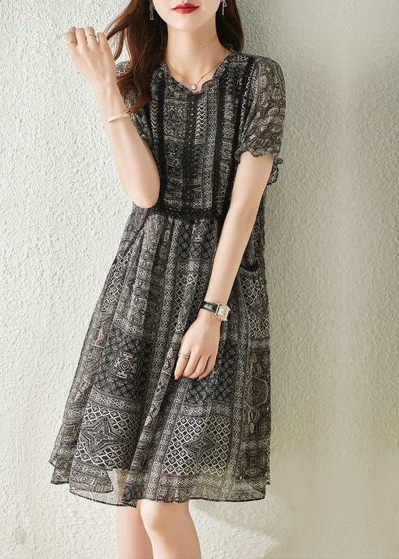 Chiffon Geometric Print Round Neck Puff Sleeve Lace Panel A-Line Midi Dress