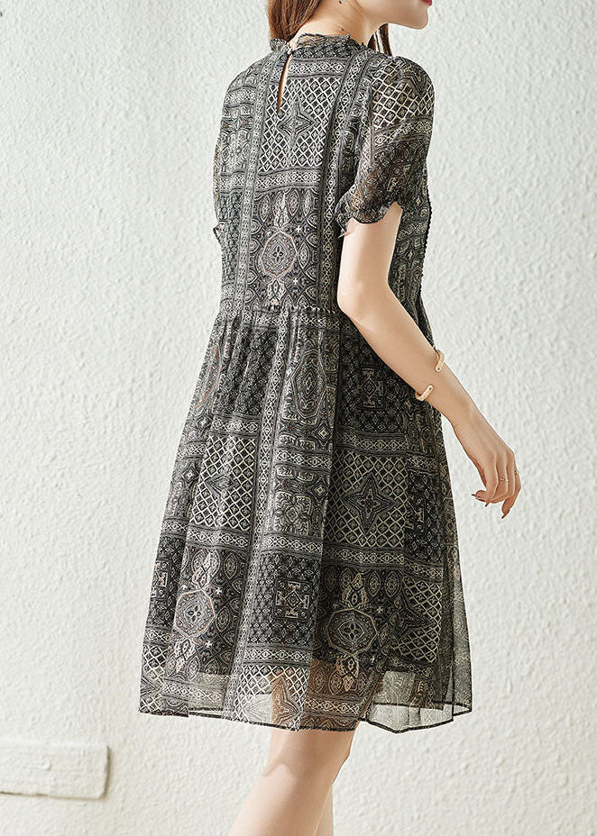 Chiffon Geometric Print Round Neck Puff Sleeve Lace Panel A-Line Midi Dress
