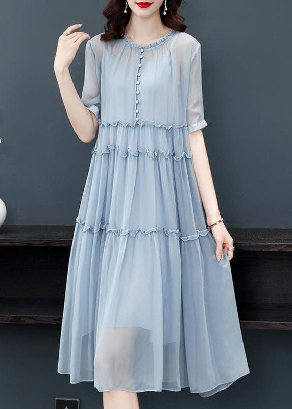 Chiffon Round Neck Button Front Tiered Ruffle Short Sleeve Babydoll Midi Dress