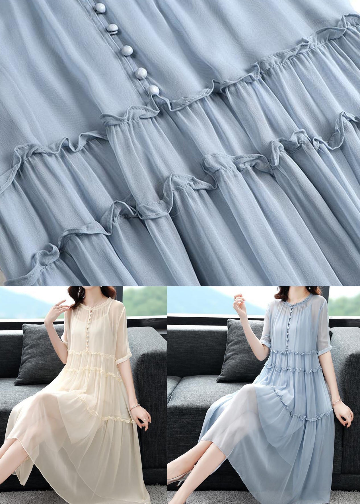 Chiffon Round Neck Button Front Tiered Ruffle Short Sleeve Babydoll Midi Dress