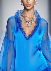 Simple Blue Ruffled Patchwork Chiffon Mini Dress Spring 2