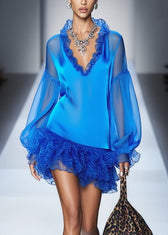 Simple Blue Ruffled Patchwork Chiffon Mini Dress Spring 3