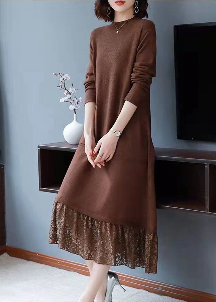 Knit Mock Neck Long Sleeve Patch Pocket Lace Panel Hem Midi Dress