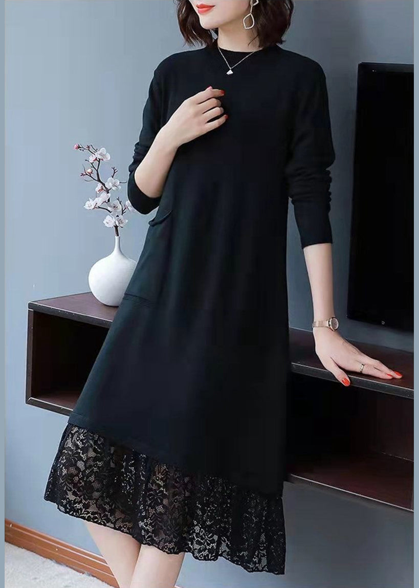 Knit Mock Neck Long Sleeve Patch Pocket Lace Panel Hem Midi Dress
