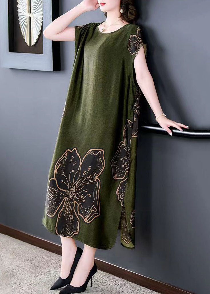 Satin Round Neck Short Sleeve Large Floral Print Oversized Shift Midi Dress