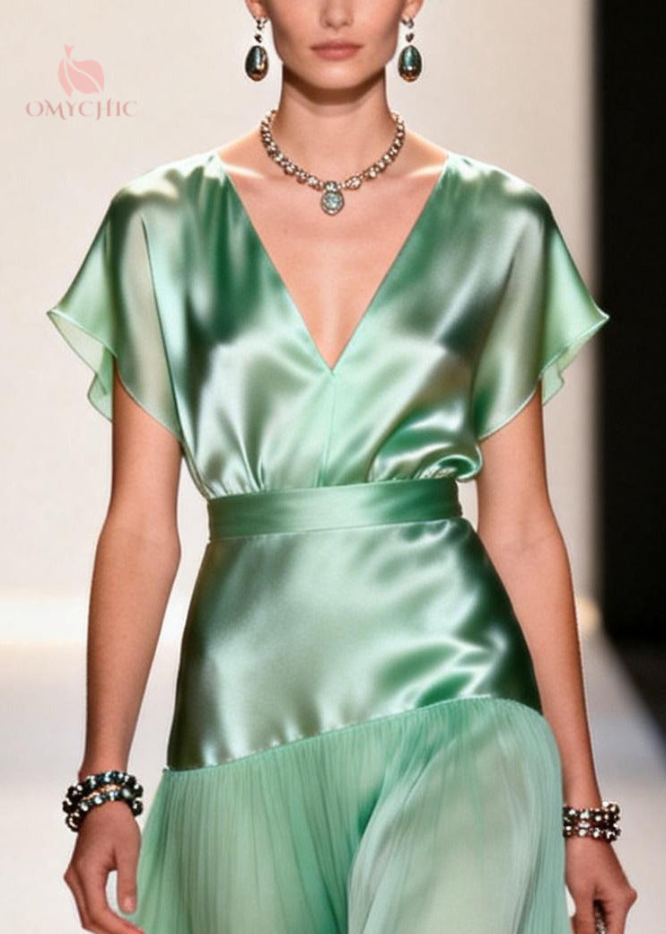 Satin Bodice Chiffon Tiered Pleated Flutter Sleeve Deep V-Neck Midi Dress