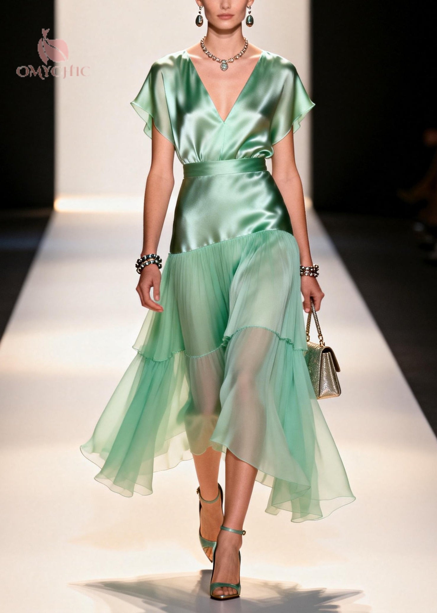 Satin Bodice Chiffon Tiered Pleated Flutter Sleeve Deep V-Neck Midi Dress