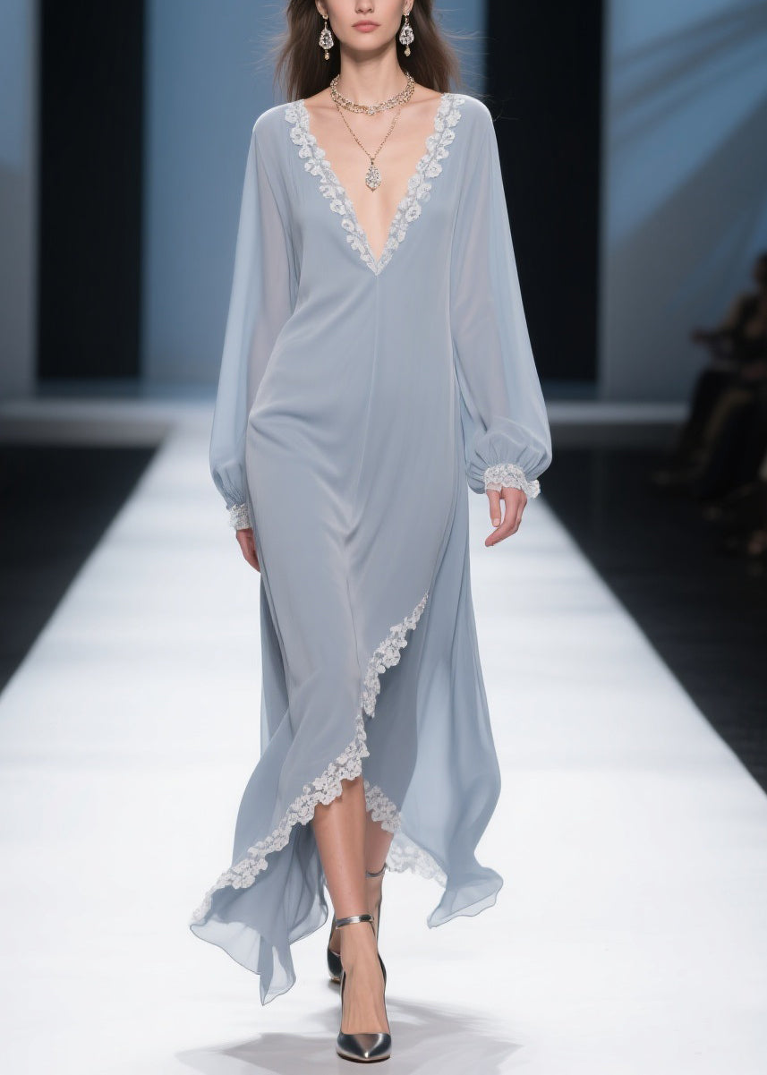 Lace Trim Chiffon Deep V-Neck Bishop Sleeve Wrap High Low Maxi Gown