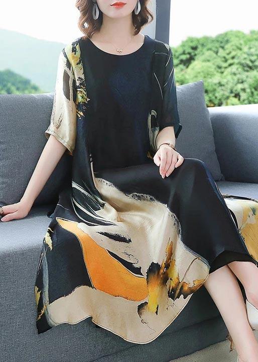 Abstract Brushstroke Print Round Neck Short Sleeve Handkerchief Hem Loose Midi Dress
