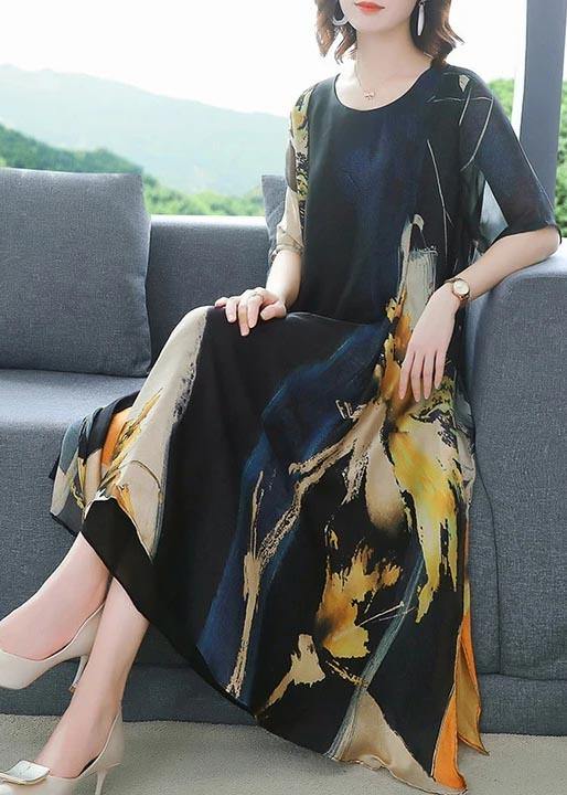 Abstract Brushstroke Print Round Neck Short Sleeve Handkerchief Hem Loose Midi Dress