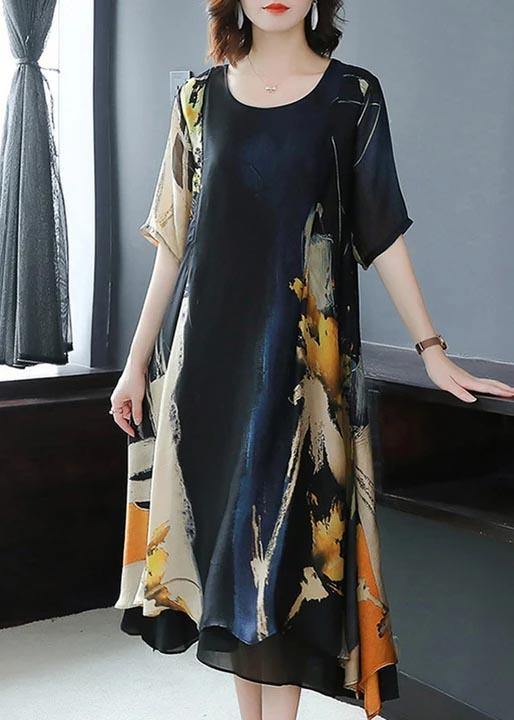 Abstract Brushstroke Print Round Neck Short Sleeve Handkerchief Hem Loose Midi Dress