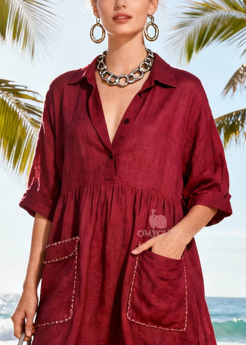Collar V-Neck Three Quarter Sleeve Empire Waist Fringe Pocket Shirt Dress
