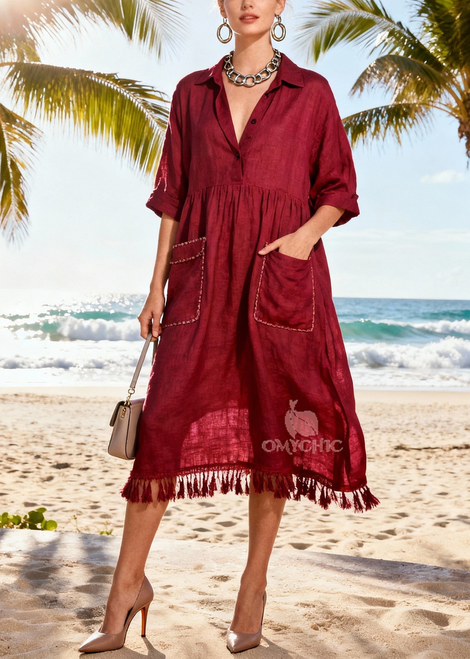 Collar V-Neck Three Quarter Sleeve Empire Waist Fringe Pocket Shirt Dress