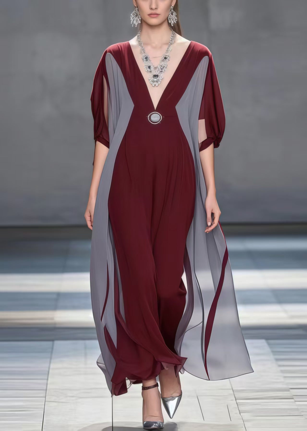 Deep V-Neck Batwing Sleeve Colorblock Chiffon Maxi Dress