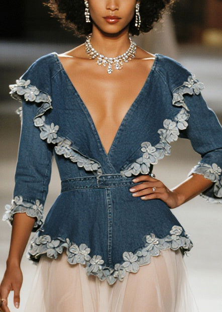 Denim Floral Lace Trim Peplum Three Quarter Sleeve Tulle Midi Dress