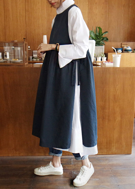 Round Neck Sleeveless Gathered Waist Pinafore Midi Dress
