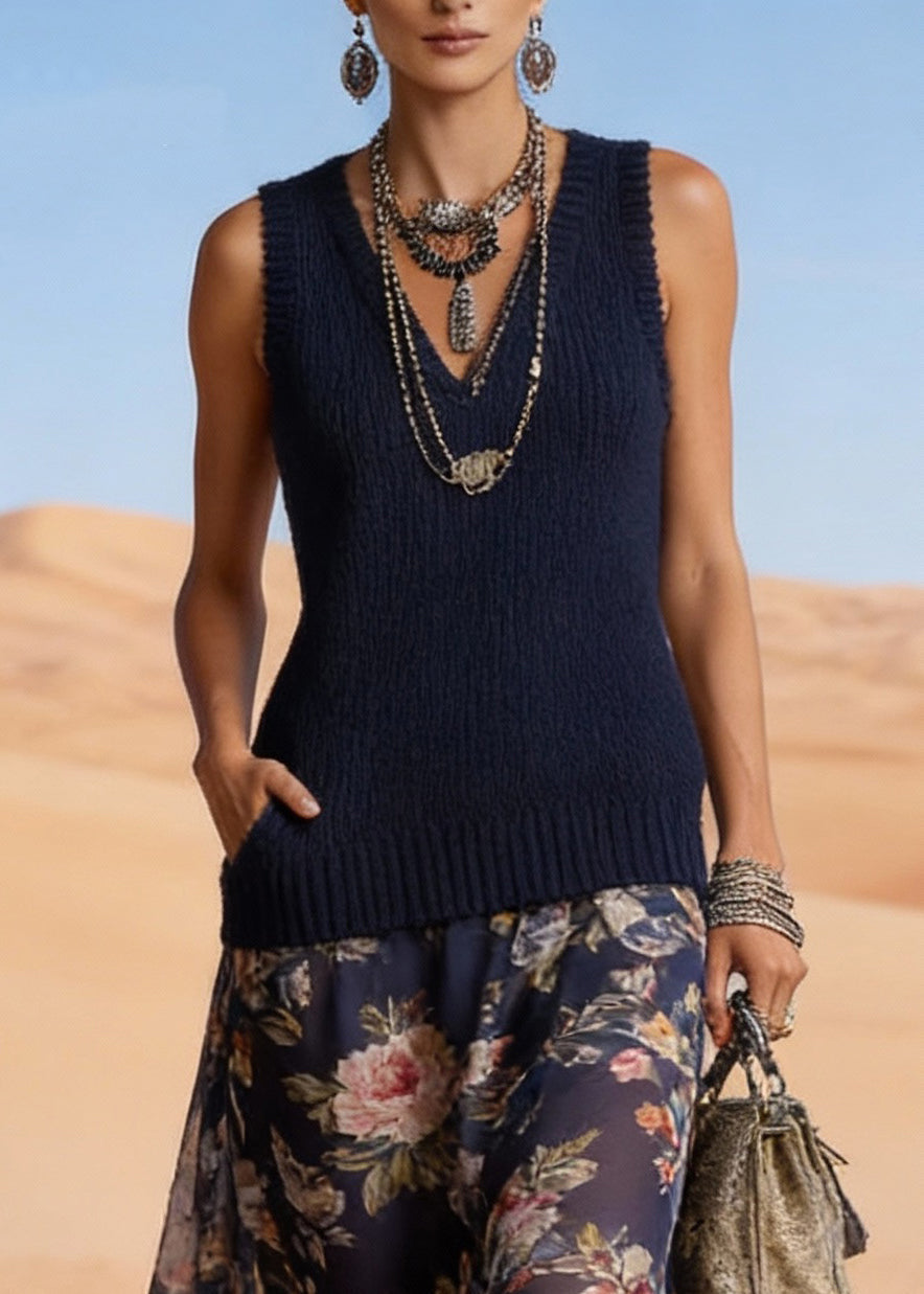 V-Neck Sleeveless Knit Chiffon Patchwork High Low Maxi Dress