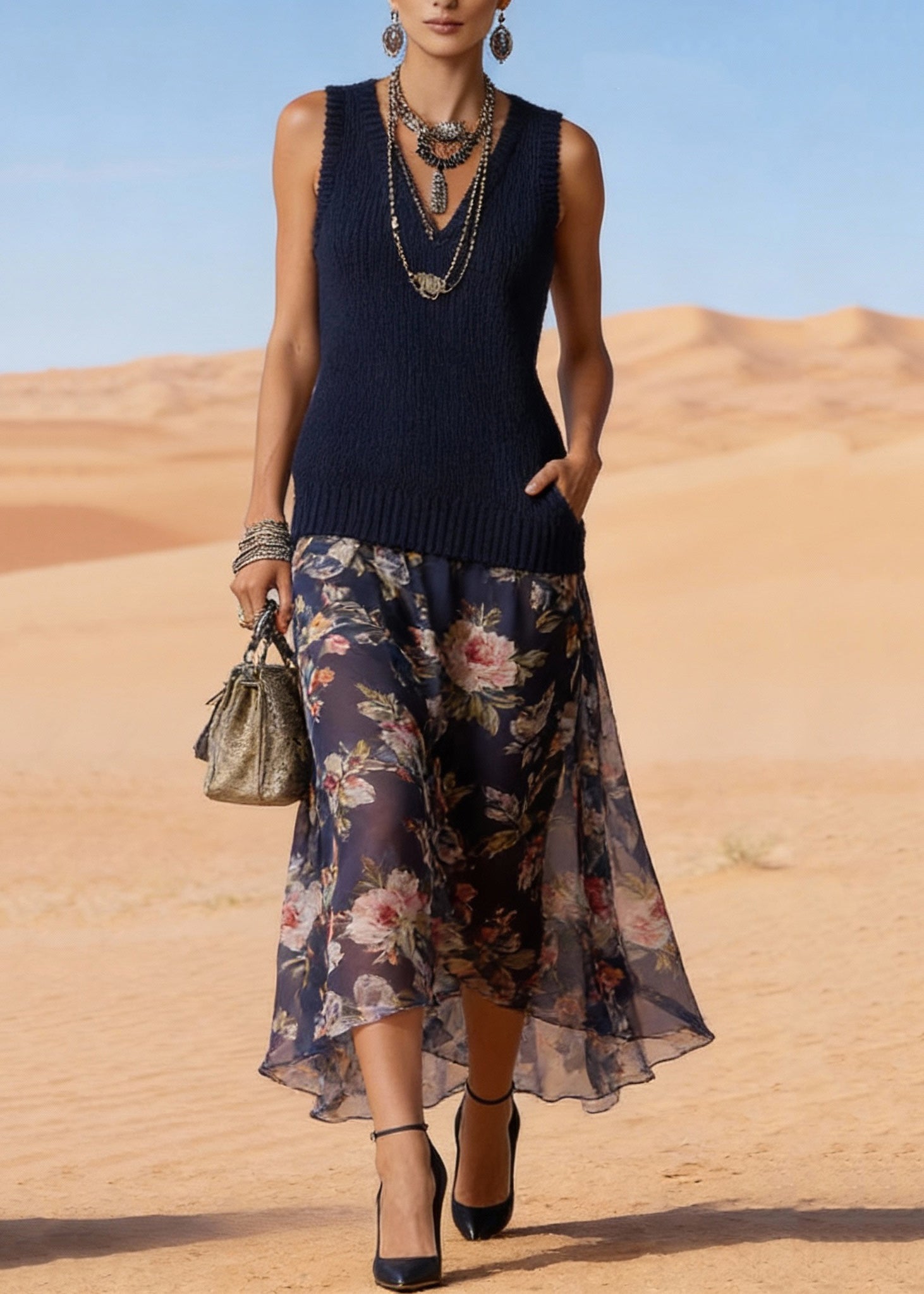 V-Neck Sleeveless Knit Chiffon Patchwork High Low Maxi Dress