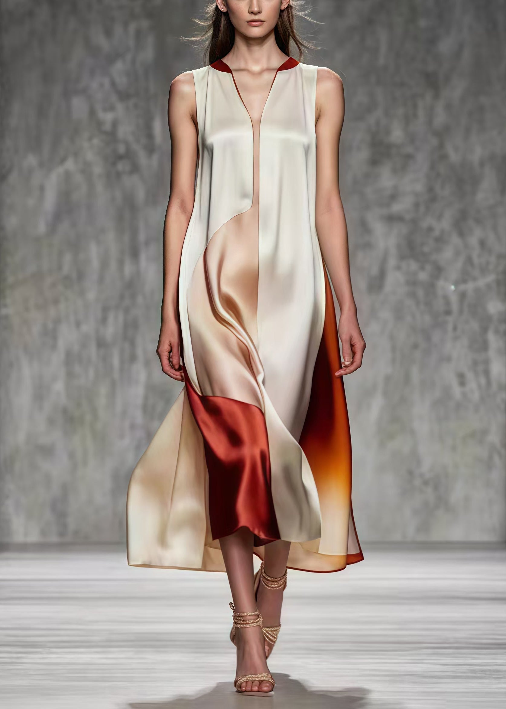 Satin V-Neck Sleeveless Color Block Asymmetric Hem Midi Dress