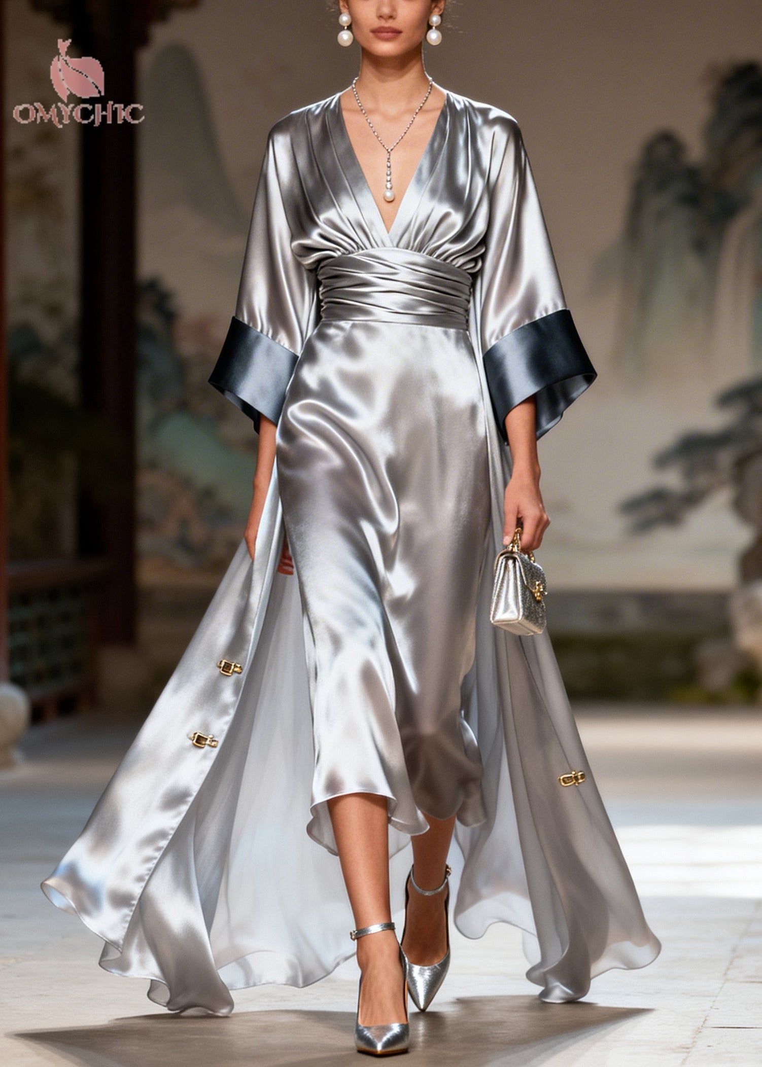 Satin Deep V-Neck Pleated Waist Midi Dress Open Front Robe Two-Piece Set