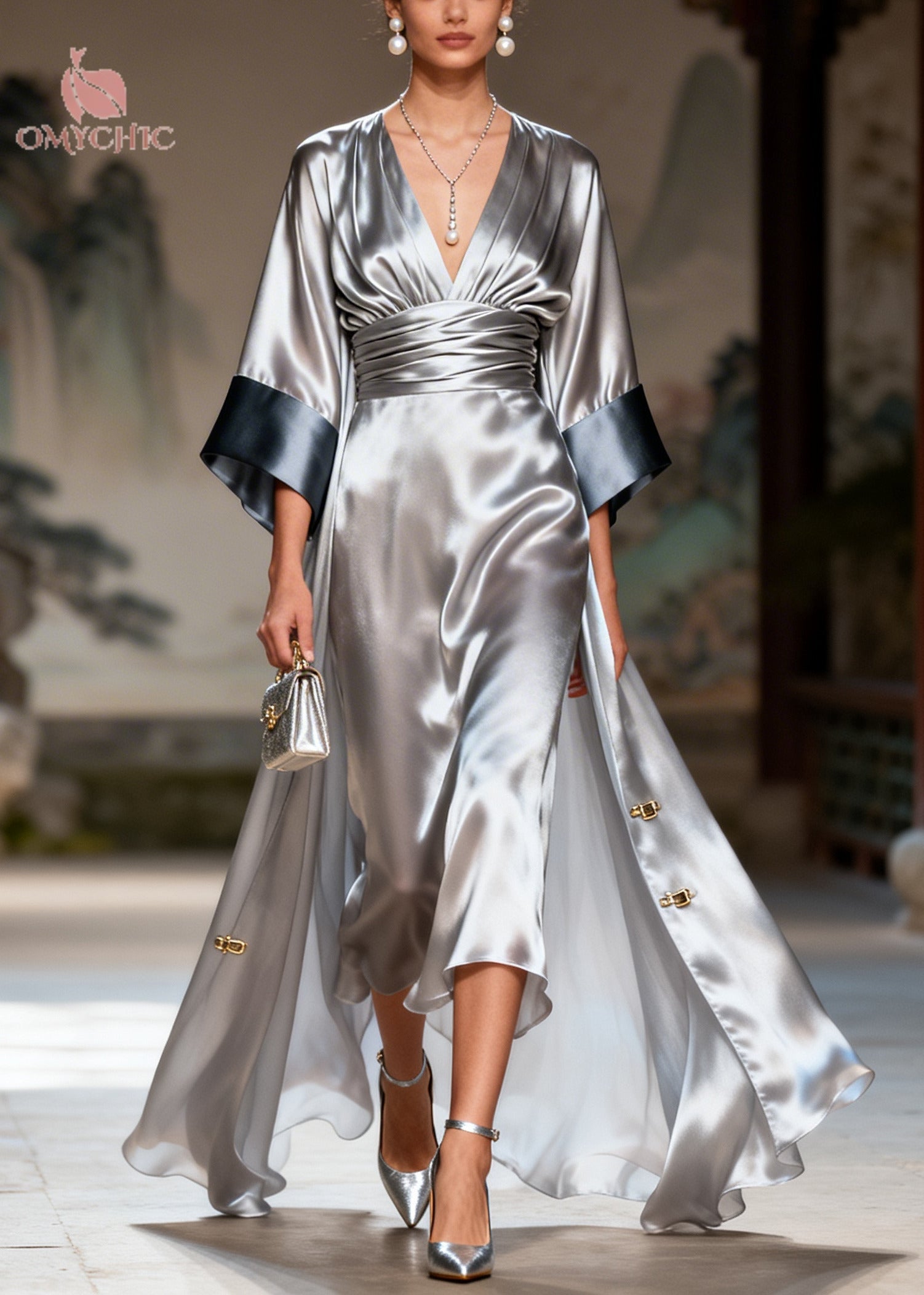 Satin Deep V-Neck Pleated Waist Midi Dress Open Front Robe Two-Piece Set