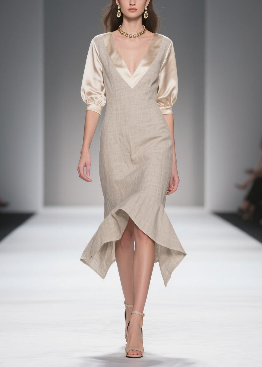 Deep V-Neck Puff Sleeve Woven Fit and Flare Asymmetrical Flounce Midi Dress