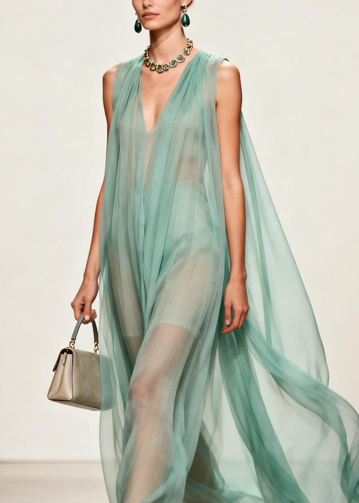 Chiffon Deep V-Neck Sleeveless Cape Back Pleated Sheer Maxi Gown