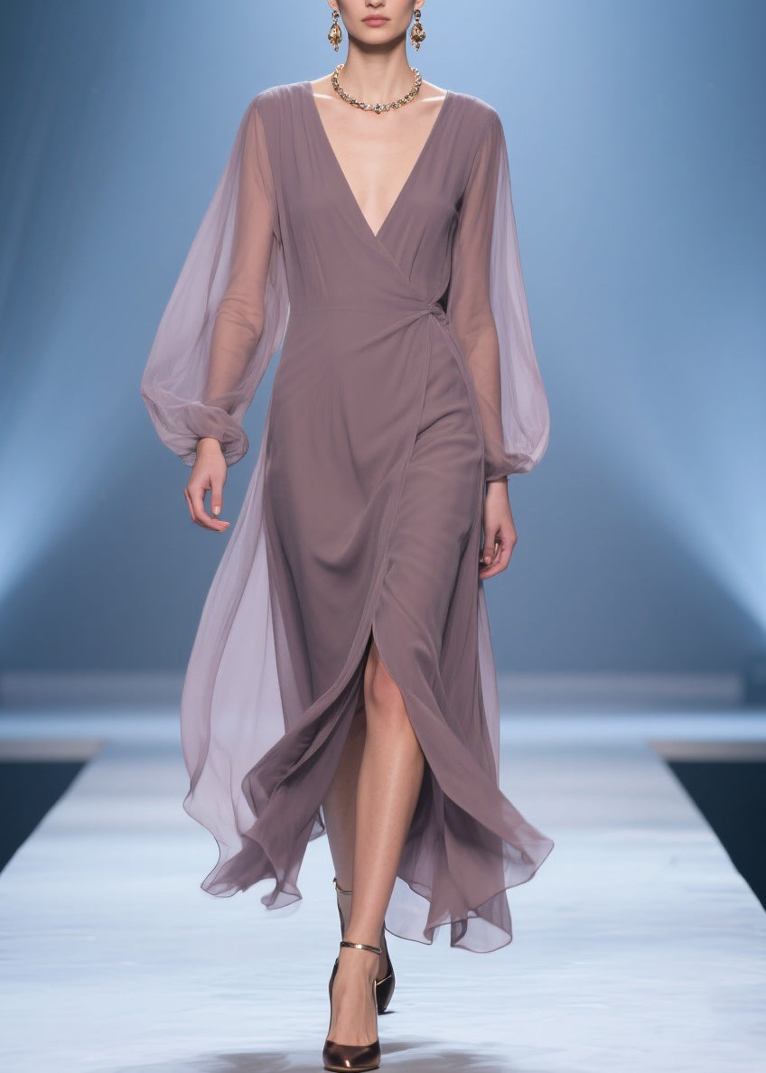 Chiffon Wrap Deep V-Neck Bishop Sleeve Gathered Waist High Split Maxi Gown