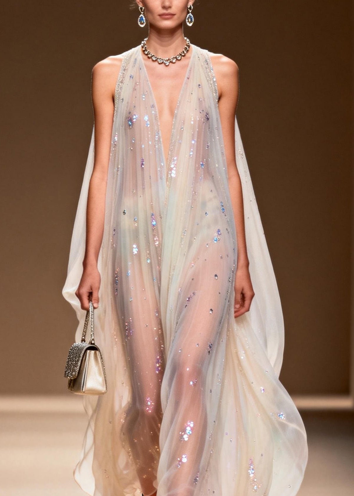 Sequin Scatter Halter Deep V-Neck Pleated Cape Sheer Maxi Gown